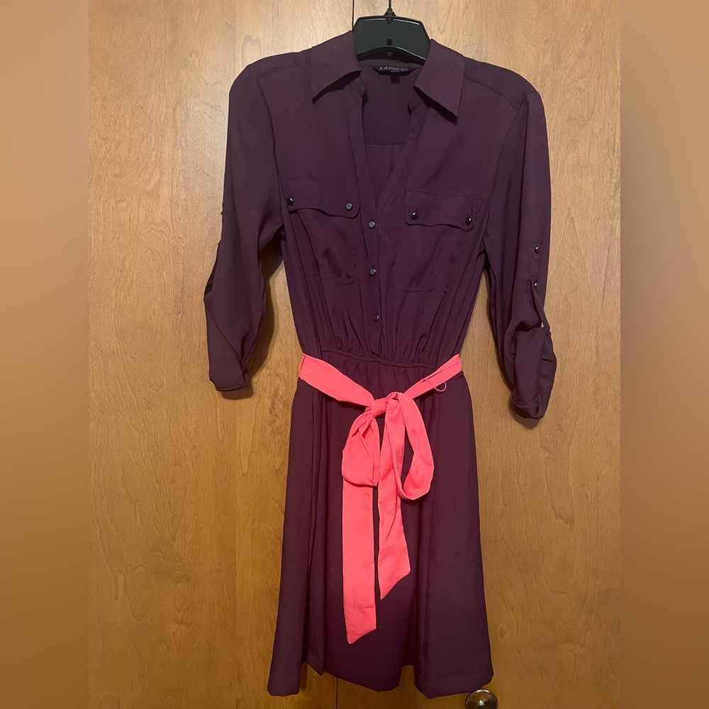 Express Burgundy Dress with Coral Belt - Size Medium